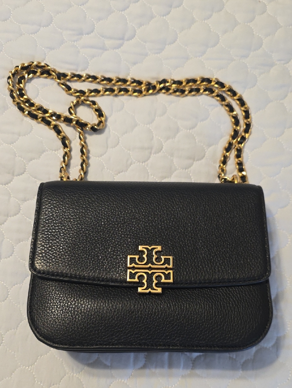 Tory Burch Black Pebbled Leather Crossbody with Gold Logo & Chain